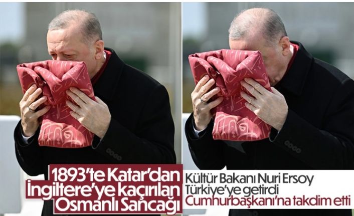 İngiltere'den getirilen Osmanlı askerlerinin sancağı Erdoğan'a takdim edildi