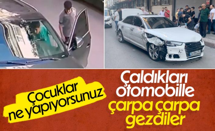 Sultangazi&rsquo;de iki &ccedil;ocuk &ccedil;aldıkları otomobille ara&ccedil;lara &ccedil;arpa &ccedil;arpa ilerledi